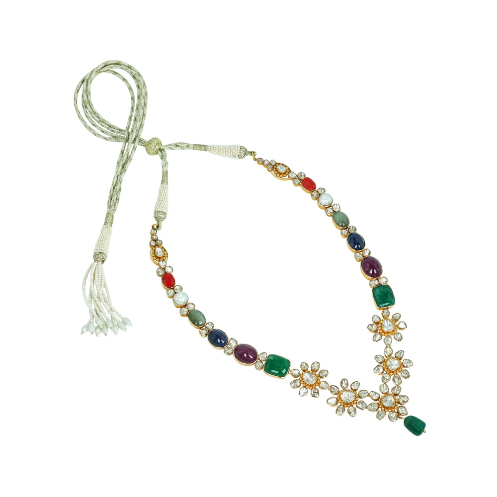 Navaratan Floral Necklace with Polkis, Emeralds, Rubies, and Pearls